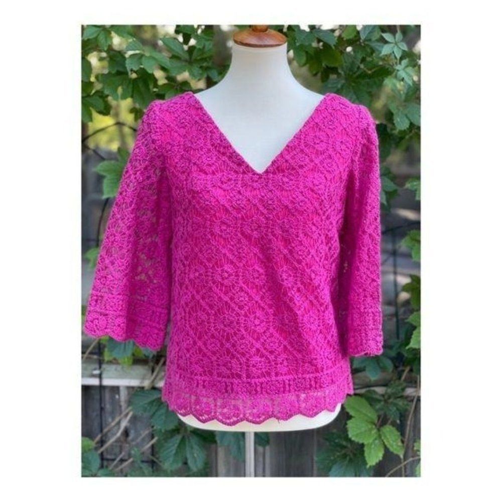 Vintage Crotchet Lace Fuschia Top Shirt 3/4 Sleeve